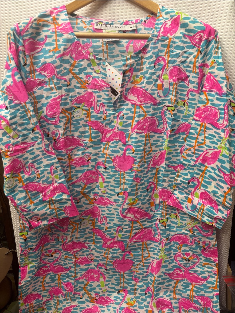 Gretchen Scott Designs Pink Flamingo Print Tunic cover up Sz large